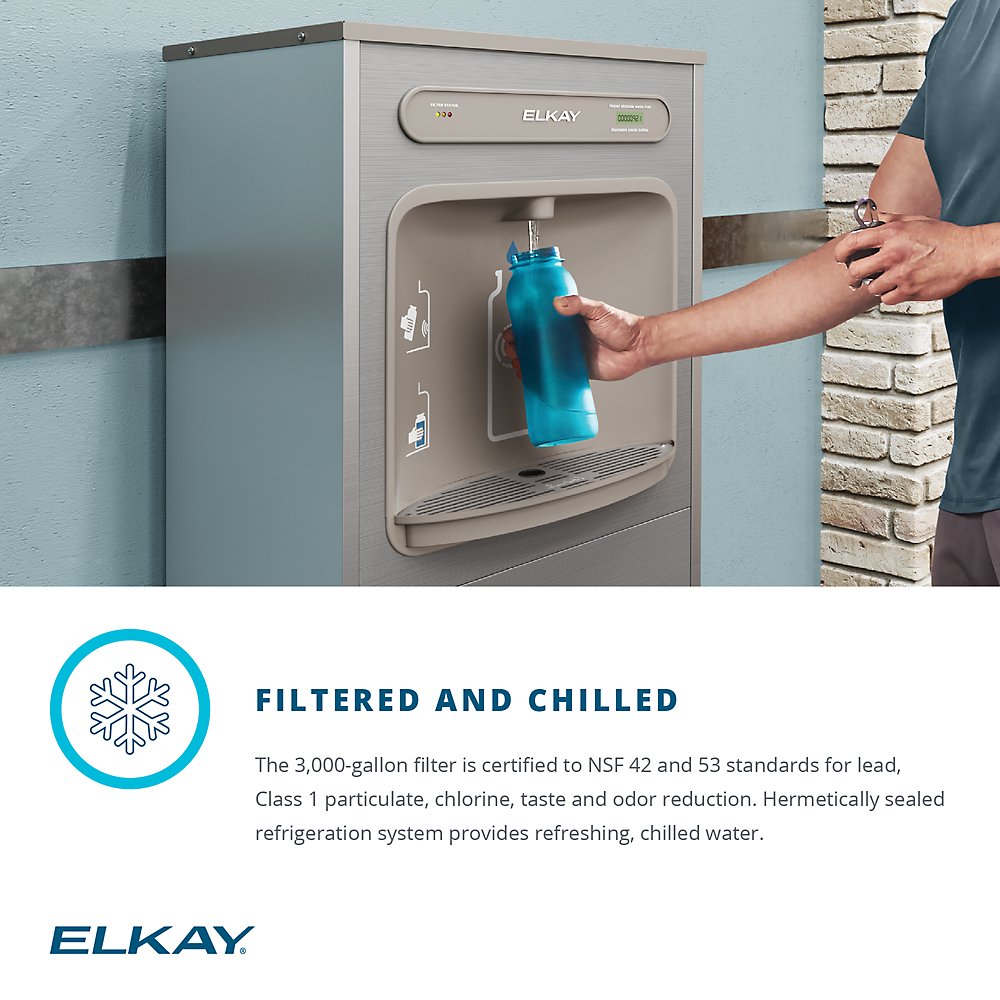 DSSBF8S Elkay ezH2O Floor-Standing Bottle Filling Station - Enjoy filtered and chilled water from this convenient, NSF-certified drinking fountain. The high-capacity filter reduces lead, chlorine, and other contaminants, while the refrigeration system provides refreshing, cold water.
