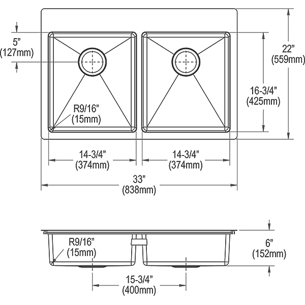 Elkay ECTSRAD33226TBG0 | Crosstown Equal Double Bowl Dual Mount Sink Kit | 33" x 22" x 6", 0 Hole