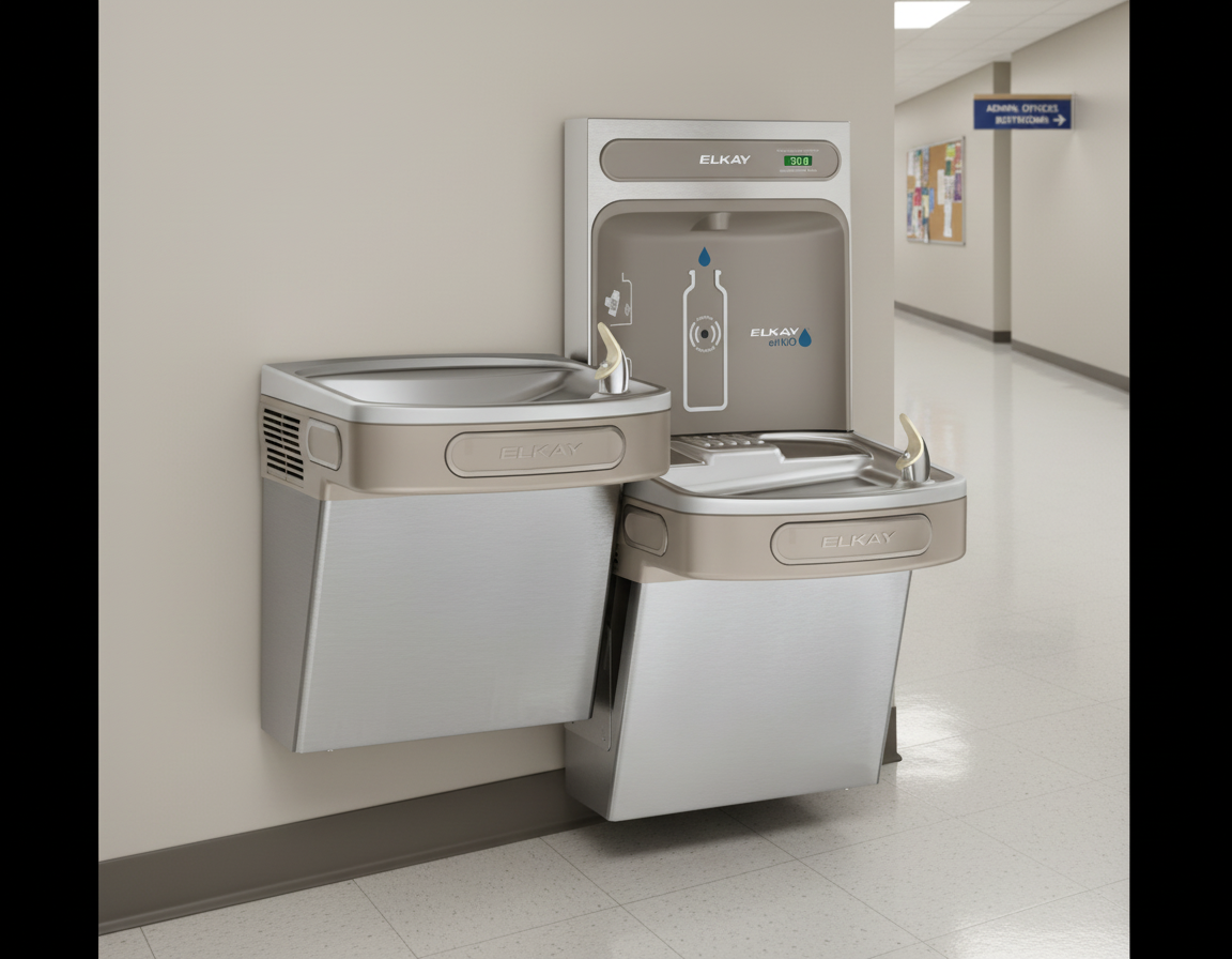 Elkay EZSTL8WSSK | Wall-mount Versatile Bi-Level Bottle Filling Station | Filterless, Refrigerated, EZ-style fountains, Stainless Steel