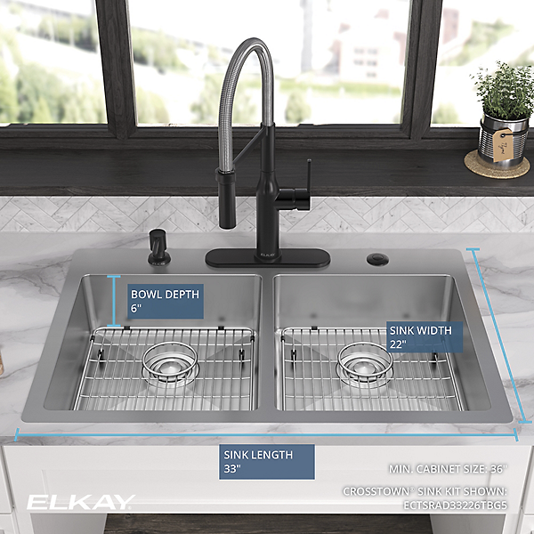 Elkay ECTSRAD33226TBG0 | Crosstown Equal Double Bowl Dual Mount Sink Kit | 33" x 22" x 6", 0 Hole