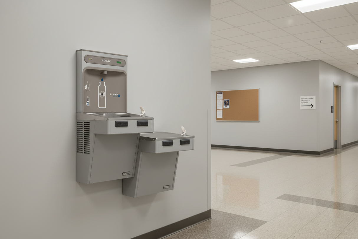 Elkay LMABFTL8WSLK | Wall-mount Bi-level Bottle Filling Station | Filtered, Refrigerated, EMAB-style fountains, Light Gray