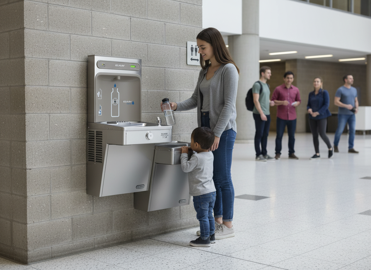 Elkay LVRCGRNTL8WSK | Wall-mount Bi-level Bottle Filling Station | Filtered, High-efficiency chiller, VRC-style fountain