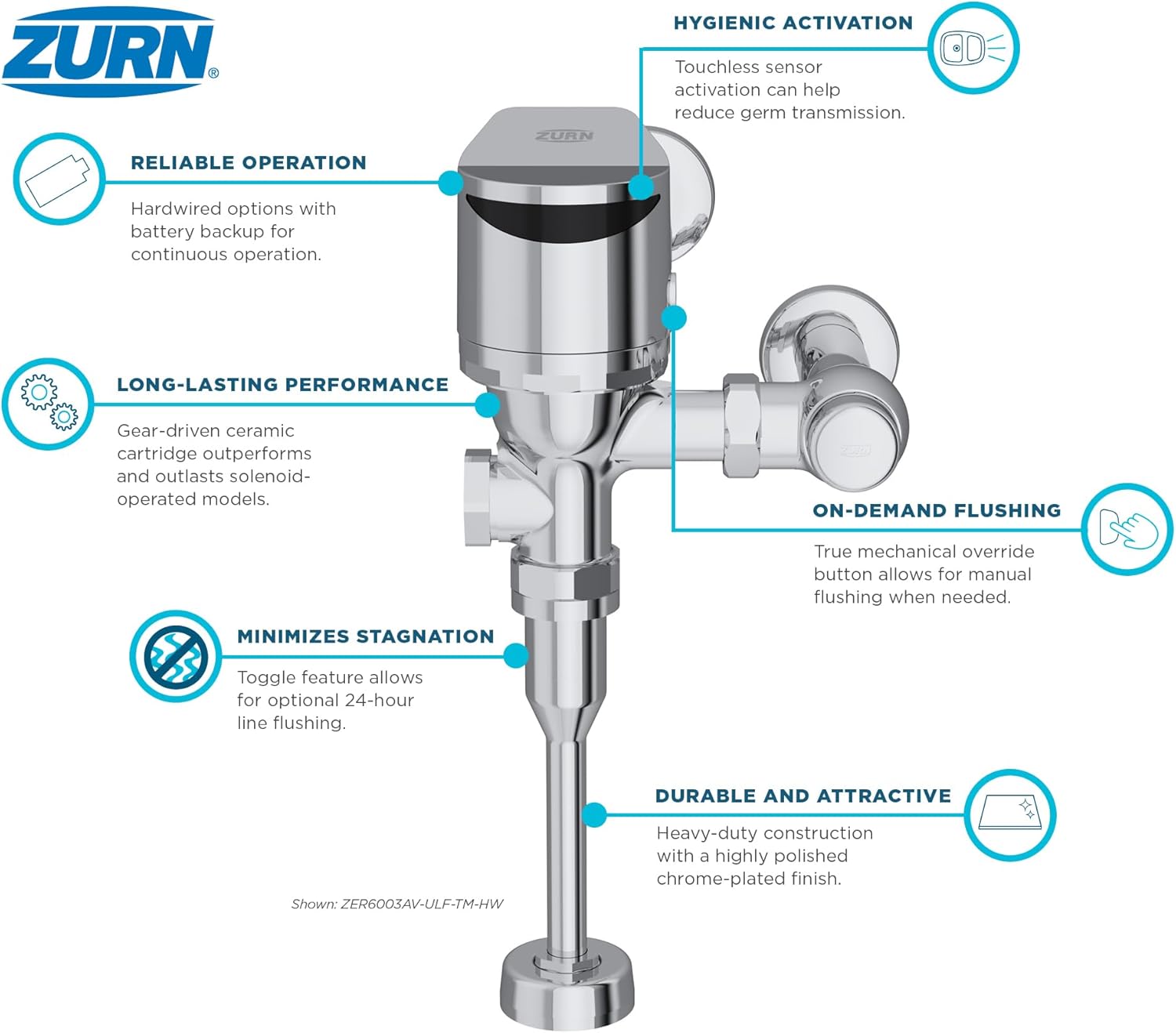 Zurn ZER6003AV-WS1-TM-YK | Top Mount Exp. Sensor Flush Valve for Urinal, Ceramic Gears, Battery