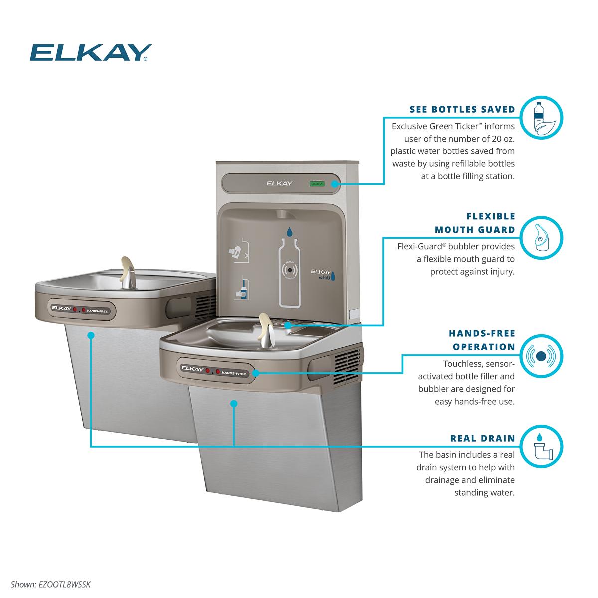 Elkay EZOOTL8WSSK | Wall-mount Bi-level Bottle Filling Station | Filterless, Refrigerated, EZ-style fountain, Hands-free (dual), Stainless Steel