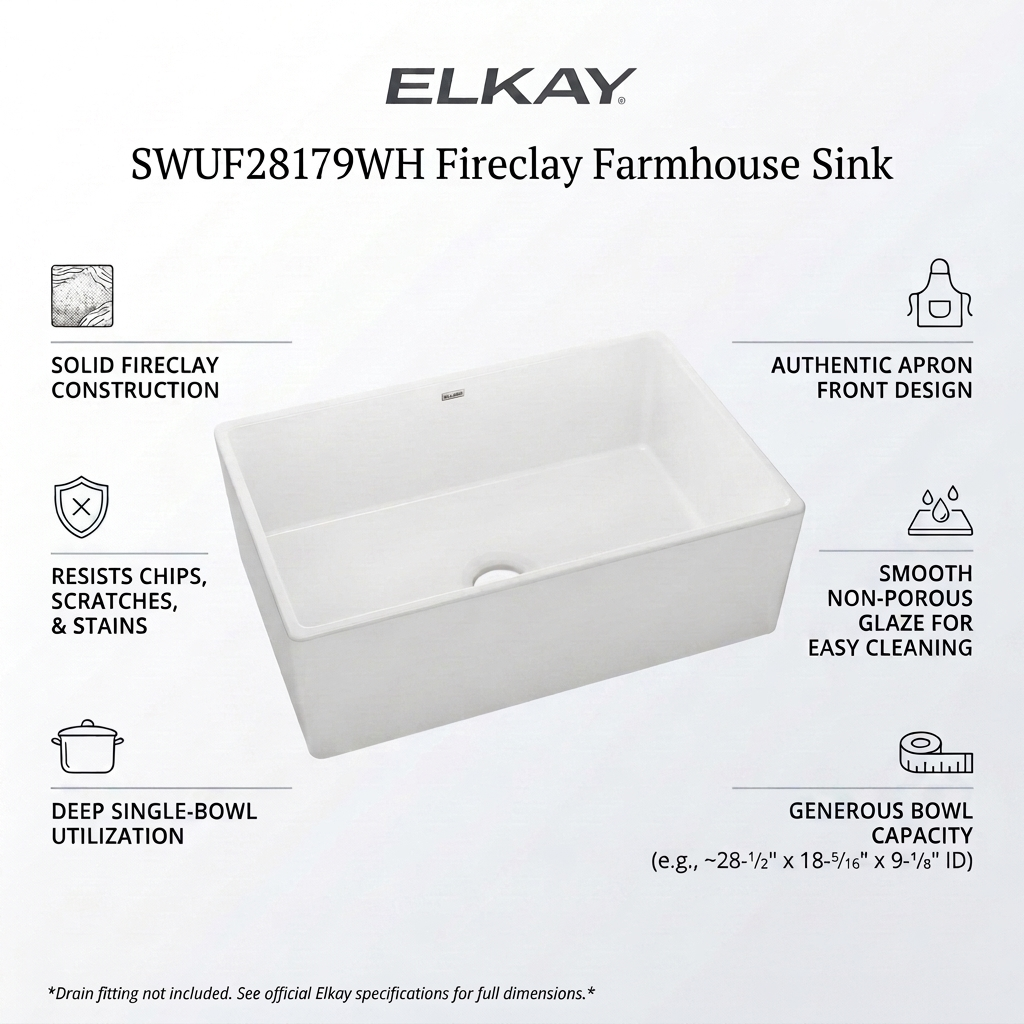 Elkay SWUF28179WH | Fireclay Single Bowl Farmhouse Sink | 30" x 19-15/16", White