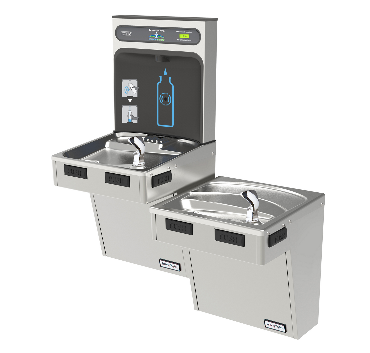 Halsey Taylor HTHB-HACDBLSS-NF | Wall-mount Bi-level Bottle Filling Station | Filterless, Non-refrigerated, HAC-style fountain, Stainless Steel color finish