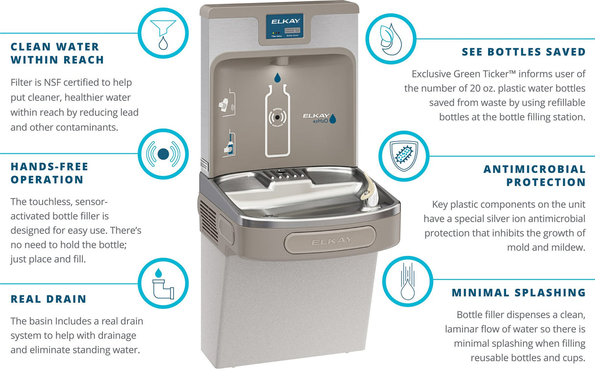 Elkay LZSTL8WSSP |  Wall-mount Enhanced EZH2o Versatile Bi-level Bottle Filling Station | Filtered, Refrigerated, EZ-style fountains, Stainless Steel - BottleFillingStations.com