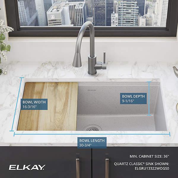 Elkay ELGRU13322WOGS0 | Quartz Classic, Single Bowl Undermount Workstation Sink | Greystone