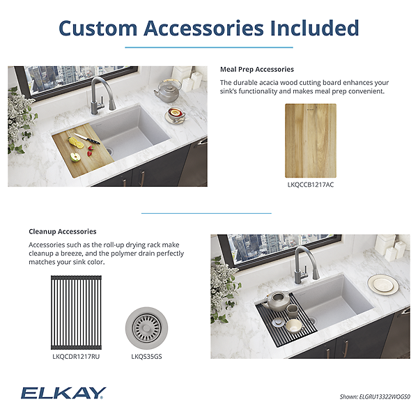 Elkay ELGRU13322WOGS0 | Quartz Classic, Single Bowl Undermount Workstation Sink | Greystone