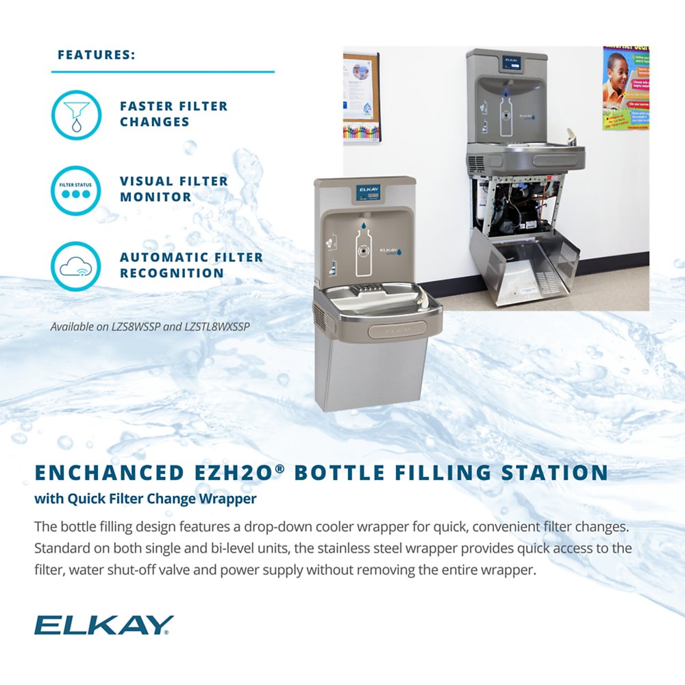 Elkay LZSTL8WSSP |  Wall-mount Enhanced EZH2o Versatile Bi-level Bottle Filling Station | Filtered, Refrigerated, EZ-style fountains, Stainless Steel - BottleFillingStations.com