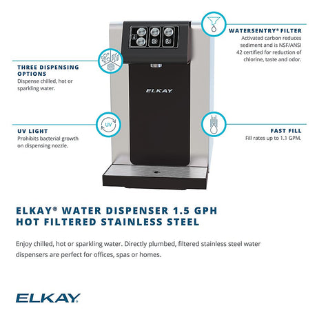 Elkay Water Dispenser with Three Dispensing Options - Enjoy chilled, hot, or sparkling water from this versatile water dispenser. Features a UV light to prevent bacterial growth, a fast fill rate of up to 1.1 GPM, and a high-quality activated carbon filter that reduces sediment, chlorine, taste, and odor.