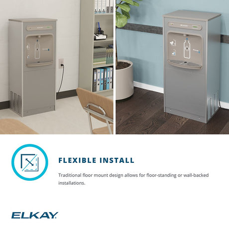 Elkay DSSBF8S EZH2O Floor-Standing Bottle Filling Station - This versatile drinking fountain offers flexible installation options, allowing you to mount it on the floor or wall. Enjoy filtered and chilled water with this convenient and space-saving design.