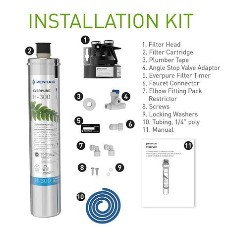 Pentair Everpure H-300 Water Filter Installation Kit - This complete kit includes everything you need to install the H-300 water filter, including a filter head, cartridge, plumber tape, valve adapter, timer, connector, elbow fitting pack, screws, washers, tubing, and a manual.