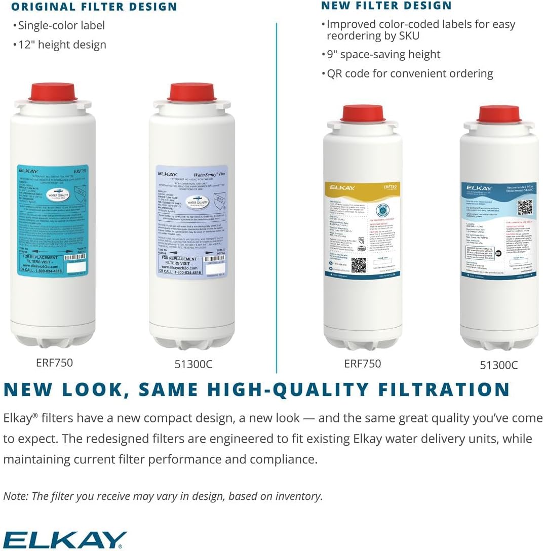 Comparison of original and new filter designs with Elkay branding.
