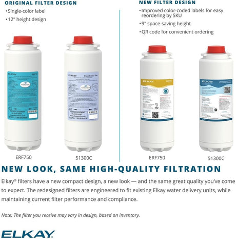 Comparison of original and new filter designs with Elkay branding.