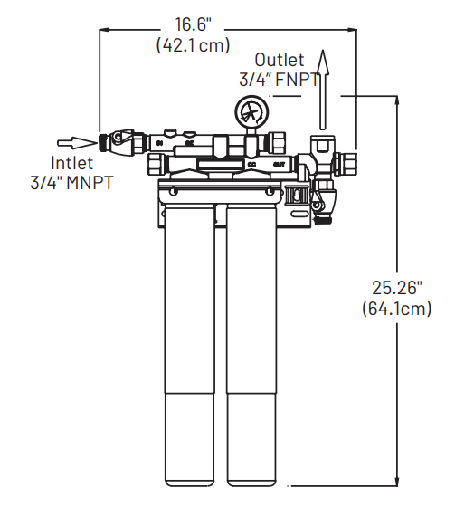 Everpure EV932402 Insurice Twin-i20002 dimension drawing, 25.26 inches high by 16.6 inches wide, with 3/4-inch MNPT inlet and 3/4-inch FNPT outlet