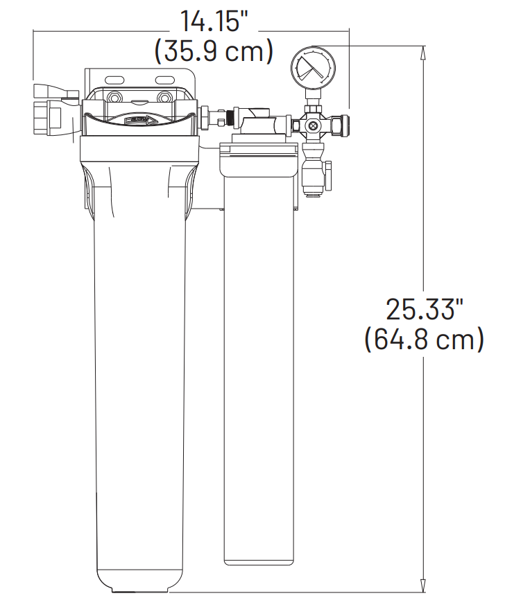 Everpure EV932421 Insurice Single PF-i20002 dimension drawing, 25.33 inches high by 14.15 inches wide, showing the prefilter housing, i20002 cartridge, and outlet pressure gauge