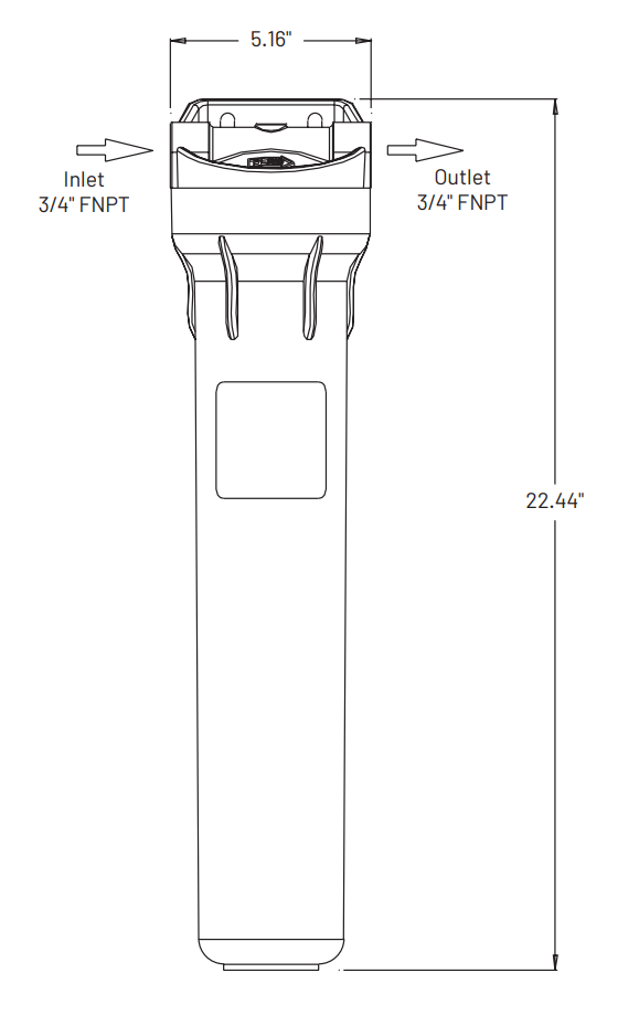 Everpure EV979590 E-20 prefilter system dimension drawing with 3/4-inch inlet and outlet