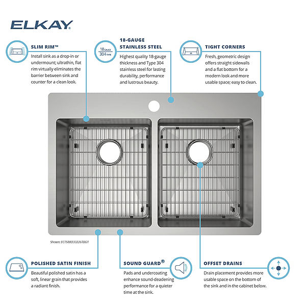 Elkay ECTSRAD33226TBG0 | Crosstown Equal Double Bowl Dual Mount Sink Kit | 33" x 22" x 6", 0 Hole