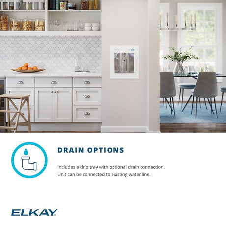 Elkay LBWD06WHK ezH2O Liv Built-in Filtered Water Dispenser - This sleek, modern dispenser fits seamlessly into your kitchen design. Enjoy filtered water with convenient drain options, including a drip tray and optional connection to your existing water line.