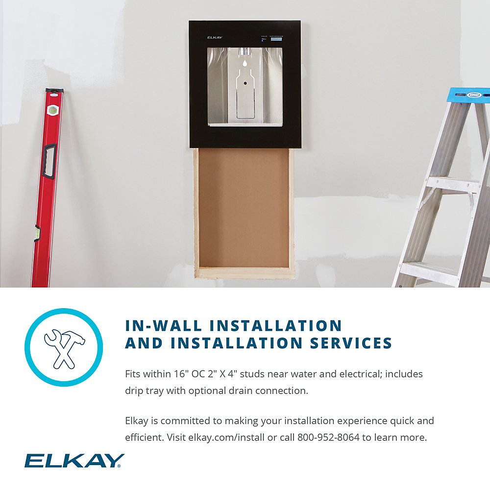 Elkay ezH2O Liv Built-in Filtered Water Dispenser - Easy installation with a compact design that fits within 16-inch studs. Includes a drip tray and optional drain connection. Elkay offers professional installation services for a hassle-free setup.