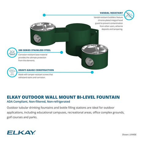 Elkay LK4406 Outdoor Drinking Fountain - A sturdy, vandal-resistant drinking fountain with a single pedestal and a drinking bubbler. Made of corrosion-resistant 300 series stainless steel, it features tamper-resistant screws and a chrome-plated integral hood for added protection. Ideal for outdoor locations like schools, parks, and office complexes. ADA compliant, non-filtered, non-refrigerated, and freeze resistant.