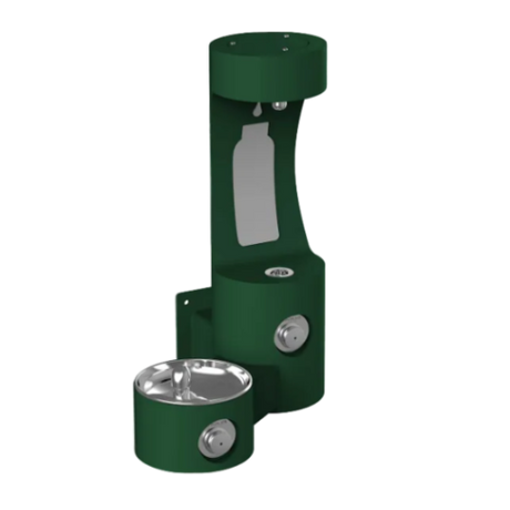 A green outdoor water fountain and pet fountain combo with a matching green and stainless steel base, shown on a plain white background.