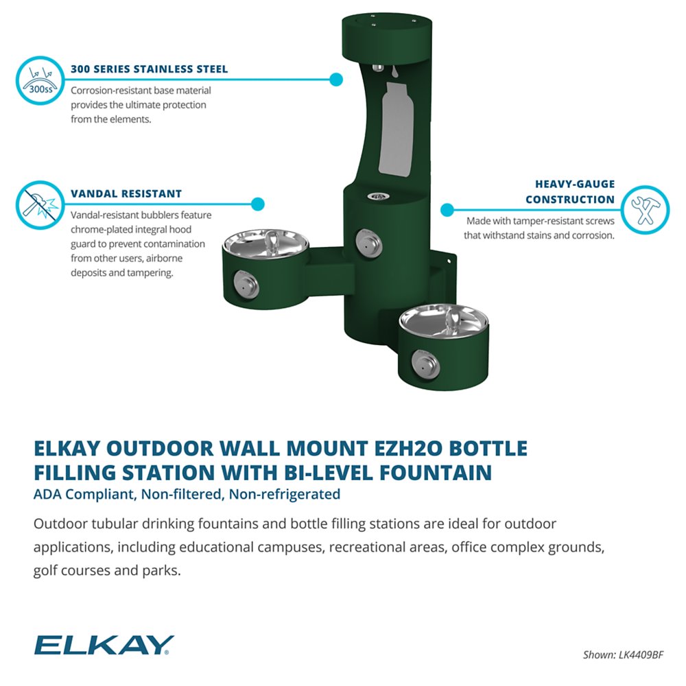 Elkay LK4409BF Outdoor Bottle Filling Station with Bi-Level Fountain - This vandal-resistant, heavy-duty drinking fountain is made of corrosion-resistant stainless steel and features a bi-level design for both drinking and bottle filling. It's perfect for outdoor locations like schools, parks, and office complexes.