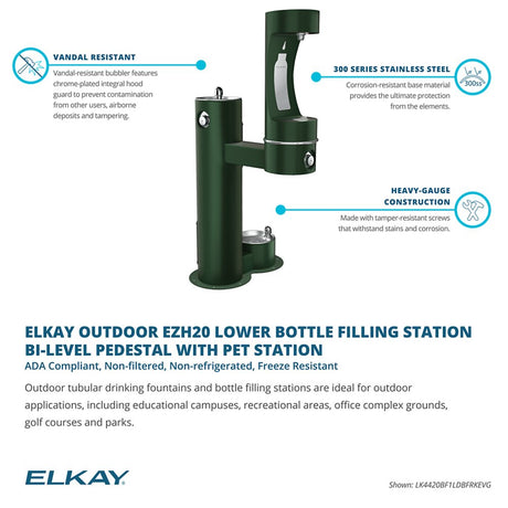 Elkay LK4420BF1LDBFRK Outdoor Drinking Fountain - A sturdy, vandal-resistant drinking fountain with a single pedestal and a bottle-filling station. Made of corrosion-resistant 300 series stainless steel, it features tamper-resistant screws and a chrome-plated integral hood for added protection. Ideal for outdoor locations like schools, parks, and office complexes. ADA compliant, non-filtered, non-refrigerated, and freeze resistant.