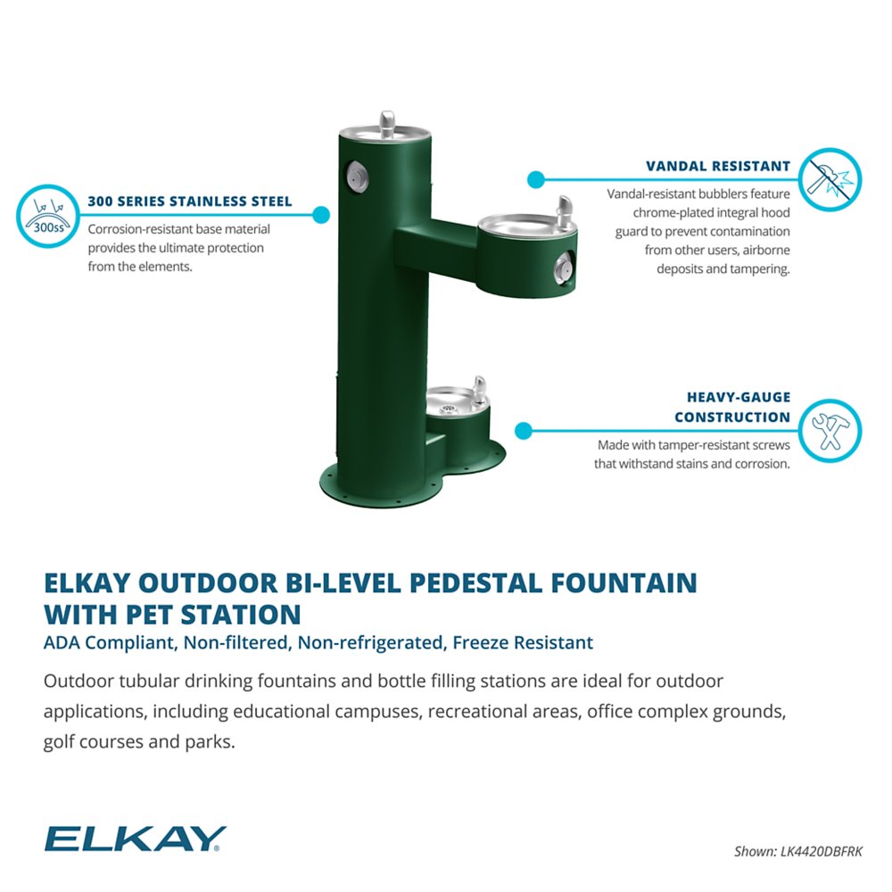 Elkay LK4420DBFRK Outdoor Drinking Fountain - A sturdy, vandal-resistant drinking fountain with a single pedestal and a drinking bubbler. Made of corrosion-resistant 300 series stainless steel, it features tamper-resistant screws and a chrome-plated integral hood for added protection. Ideal for outdoor locations like schools, parks, and office complexes. ADA compliant, non-filtered, non-refrigerated, and freeze resistant.