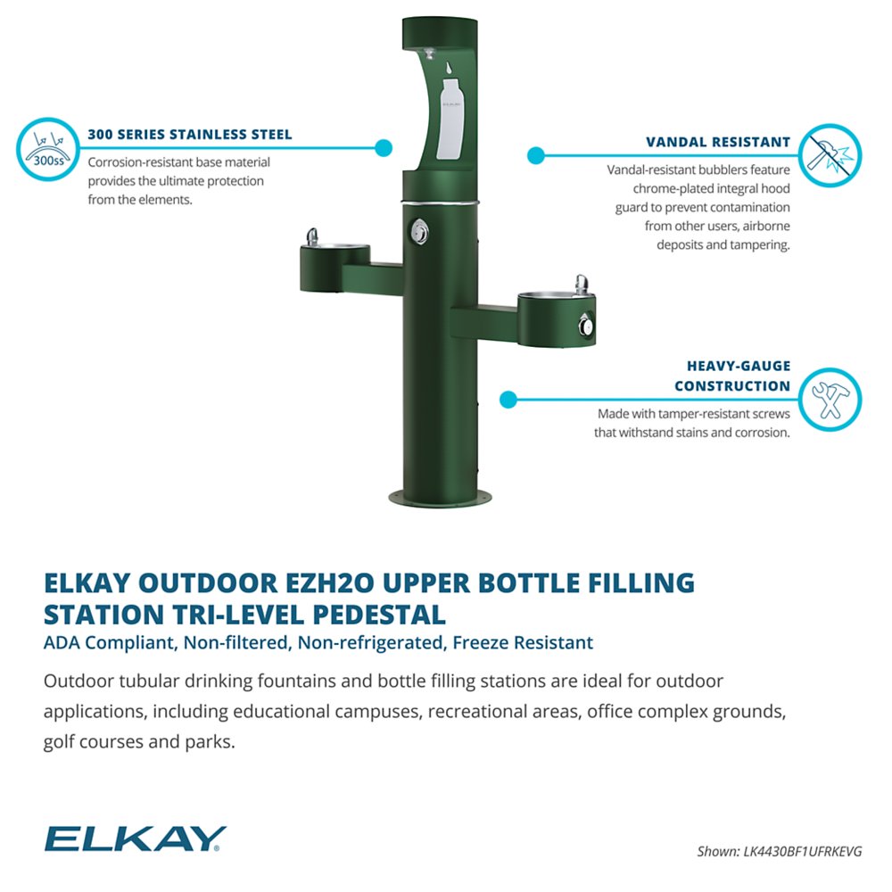 Elkay LK4430BF1U Outdoor Bottle Filling Station - A sturdy, vandal-resistant drinking fountain with a tri-level pedestal. Made of corrosion-resistant 300 series stainless steel, it features tamper-resistant screws and a chrome-plated integral hood for added protection. Ideal for outdoor locations like schools, parks, and office complexes. ADA compliant, non-filtered, non-refrigerated, and freeze resistant.