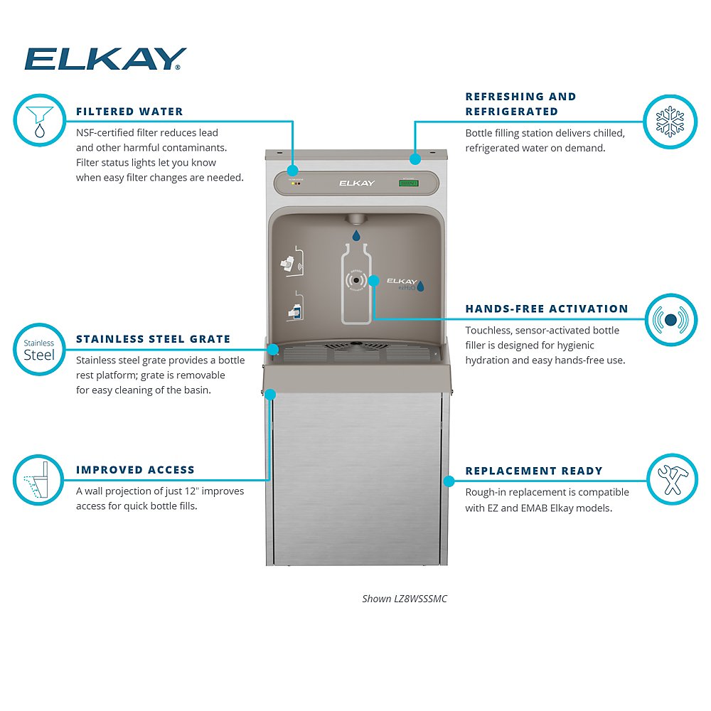 Elkay LZ8WSSSMC EZH2O Wall-Mounted Bottle Filling Station - Enjoy filtered and refrigerated water from this hands-free, sensor-activated fountain. The stainless steel grate provides a convenient bottle rest platform, and the compact design allows for easy installation.