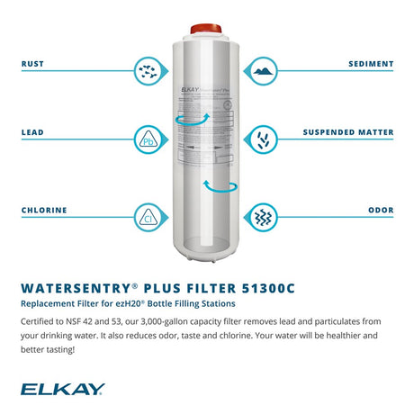 Elkay WaterSentry Plus Filter 51300C - This replacement filter for Elkay ezH2O bottle filling stations removes lead, particulates, chlorine, odor, and taste. It's certified to NSF 42 and 53 standards and has a 3,000-gallon capacity.