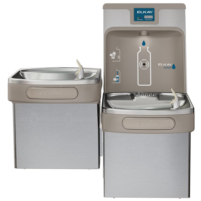 Elkay LZSTL8WSSK Wall-Mounted Drinking Fountain - A front view of the bi-level fountain, showcasing both the chilled water faucet and the glass filler. The fountain has a white finish, making it a visually appealing addition to any indoor space.