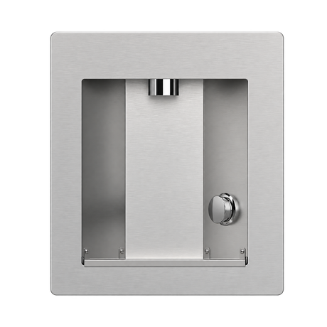 A brushed stainless steel wall-mounted water fountain dispenser with a central opening, a top water outlet, and a round control knob on the right side.