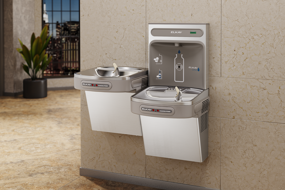 Elkay EZOOTL8WSSK | Wall-mount Bi-level Bottle Filling Station | Filterless, Refrigerated, EZ-style fountain, Hands-free (dual), Stainless Steel