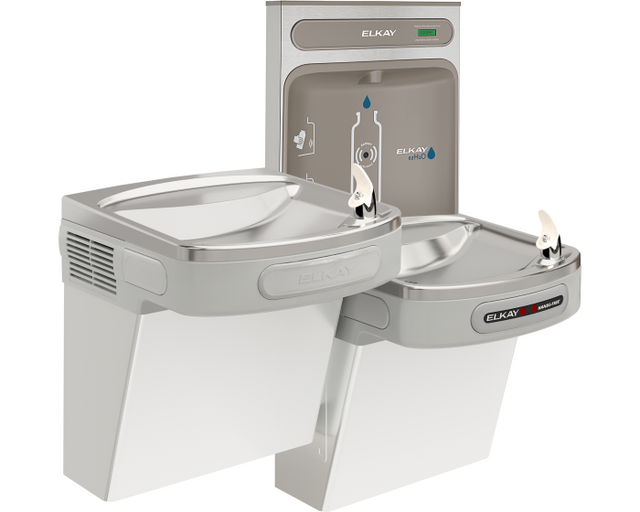 Elkay EZOTL8WSLK | Wall-mount Bi-level Bottle Filling Station | Filterless, Refrigerated, EZ-style fountain, Hands-free, Granite Gray - BottleFillingStations.com