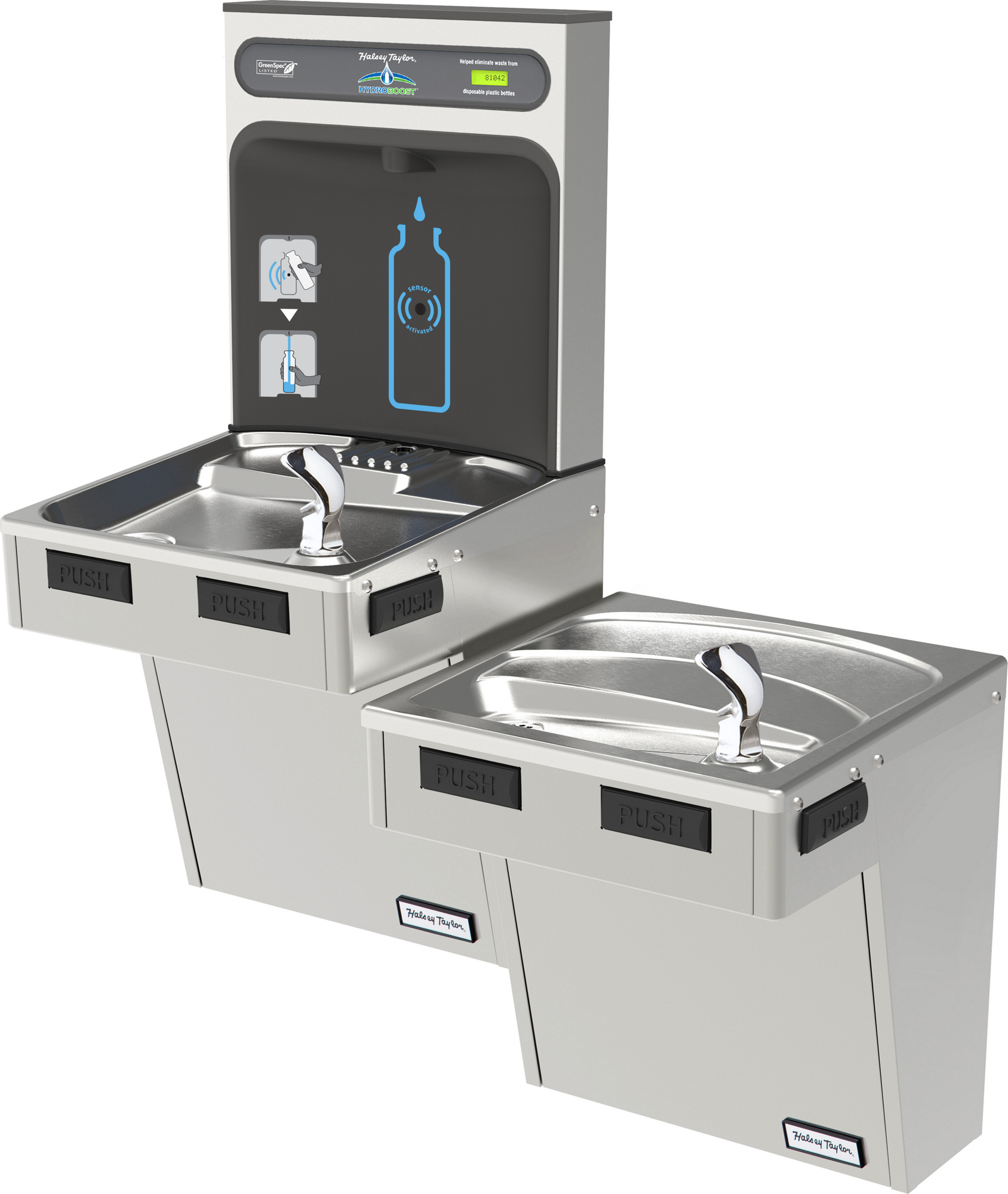 Halsey Taylor HTHB-HACDBLSS-NF | Wall-mount Bi-level Bottle Filling Station | Filterless, Non-refrigerated, HAC-style fountain, Stainless Steel color finish