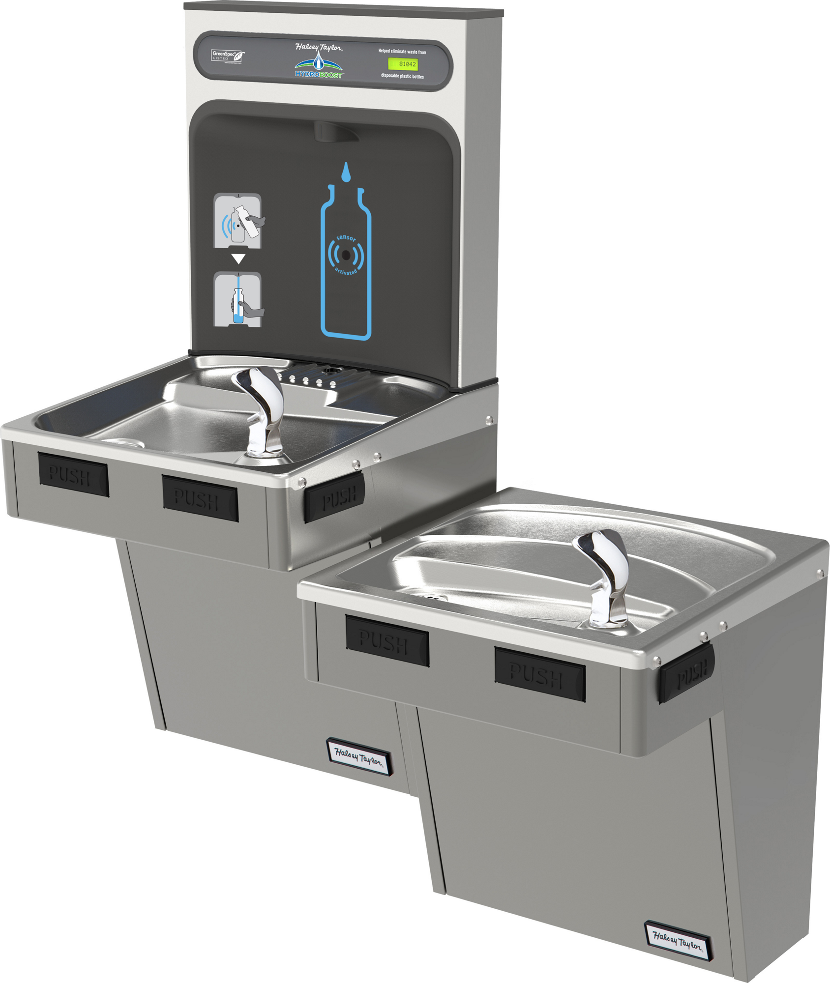 Halsey Taylor HTHB-HACG8BLPV-NF | Wall-mounted Bi-Level Bottle Filling Station | Filterless, High-efficiency chiller, HAC-style fountains, Platinum Vinyl color finish