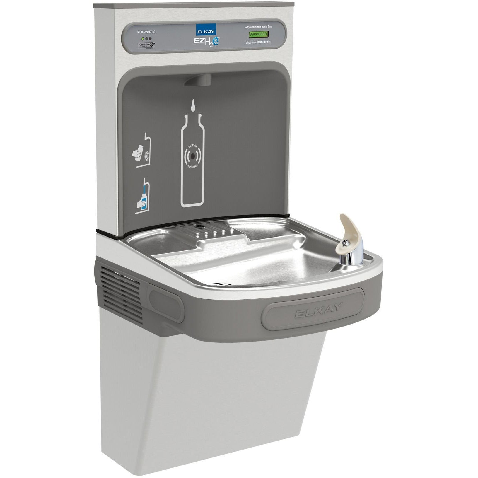 Elkay LZS8WSS2QK | Wall-mount Bottle Filling Station | Filtered, Refrigerated, EZ-style fountain, Stainless Steel (240V) - BottleFillingStations.com