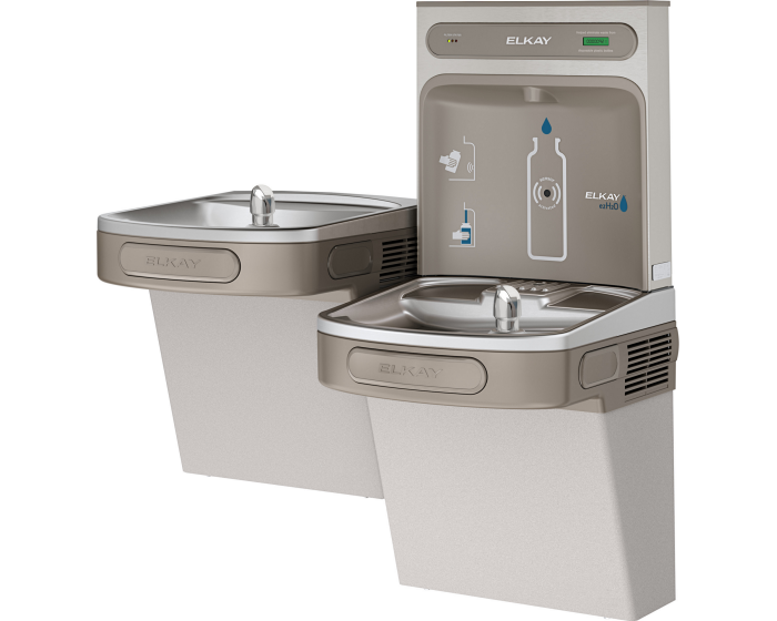 Elkay LZSTL8WSVRLK | Wall-mount Versatile Bi-Level Bottle Filling Station | Filtered, Refrigerated, LZ-style fountains, Vandal Resistant bubbler, Granite Gray - BottleFillingStations.com