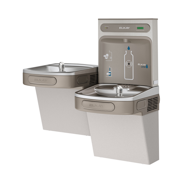 Elkay LZSTLDDWSVRLK | Wall-mount Versatile Bi-Level Bottle Filling Station | Filtered, Non-refrigerated, EZ-style fountain, Vandal-resistant bubbler, Granite Gray - BottleFillingStations.com